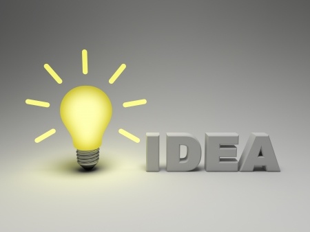 14033201 - bright idea concept, glowing lightbulb with word idea on grey background